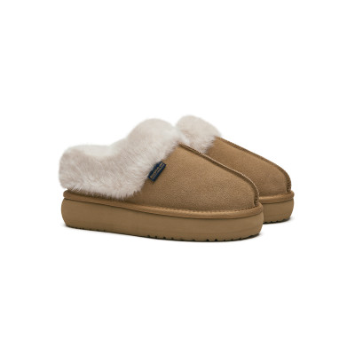 CLOUDY 平底毛皮穆勒鞋FLATFORM FUR MULES - CHESTNUT